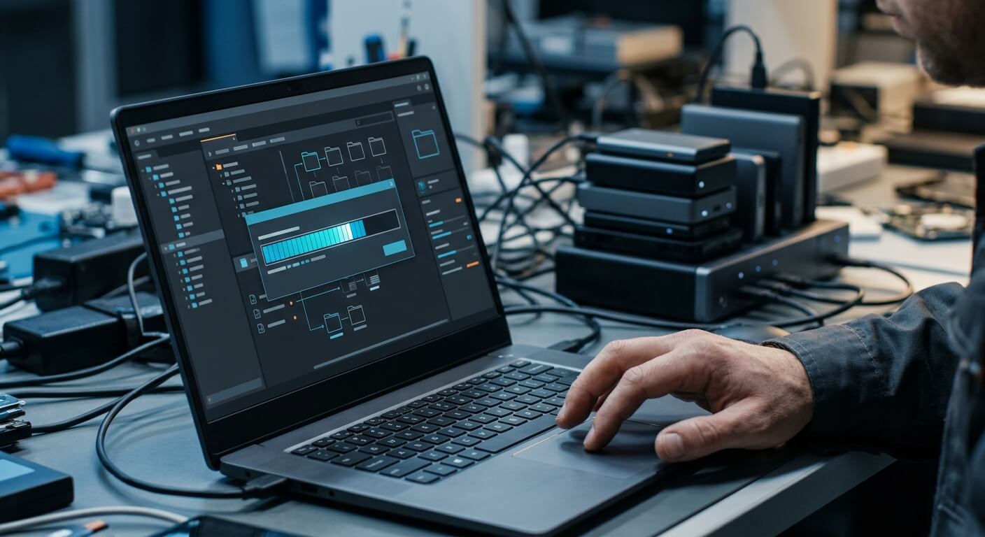 編集用ソフトを操作する技術者の手
